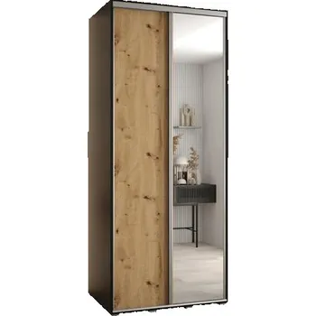 Šatní skříň Šatní skříň s posuvnými dveřmi a zrcadlem DAVOS 100cm | Černá / DUB Artisan / stříbrné