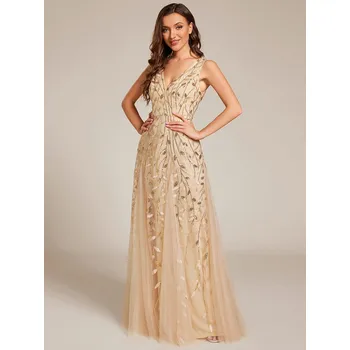 Dámské šaty Lesklé flitrové večerní šaty bez rukávů s tylem Barva: Zlatá, Velikost: 3XL