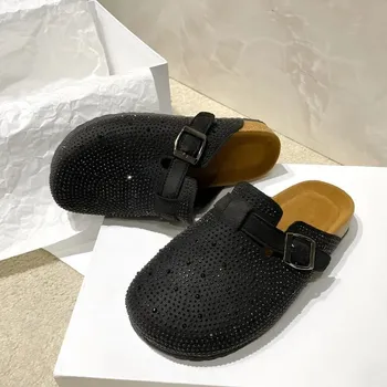 Dámská obuv Dámské korkové pantofle s kamínky a uzavřenou špičkou Velikost: 43, Barva (Varianta): Negro