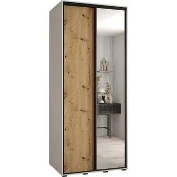 Šatní skříň Šatní skříň s posuvnými dveřmi a zrcadlem DAVOS 100cm | Bílá / DUB Artisan / černé pojezdy