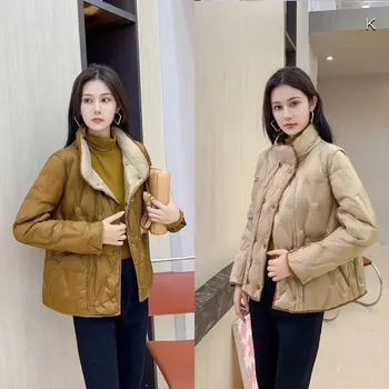 Dámská parka bunda s dvojitým zapínáním – krátká péřová parka Barva: Hnědá, Velikost: L