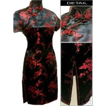 Dámské šaty Krátké čínské šaty qipao – tradiční styl, květinové knoflíky Velikost: XL, Barva (Varianta): Black Red1