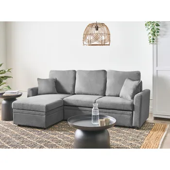 Pohovka Rohová pohovka šedá látkové čalounění polyester umělý len 3místná s úložným prostorem pravostranná polštáře moderní design Beliani