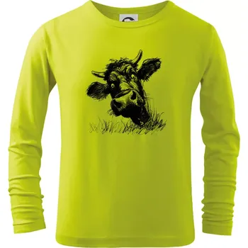 Dětská móda Černobílá karikatura černá kráva hlava - Triko dětské Long Sleeve - 122 cm/6 let ( Limetková )