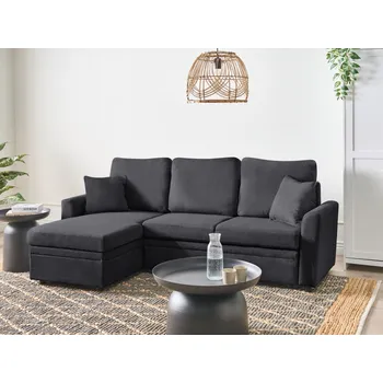 Pohovka Rohová pohovka černá látkové čalounění polyester umělý len 3místná s úložným prostorem pravostranná polštáře moderní design Beliani