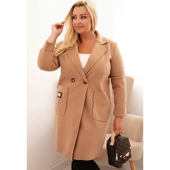 Dámský kabát Dámský elegantní kabát Plus Size s límcem a velkými kapsami camelový UNI
