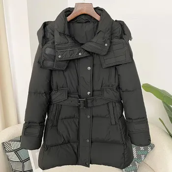 Dámská parka Dlouhá dámská péřová bunda s páskem – teplá parka s kapucí Velikost: M, Barva (Varianta): Black short