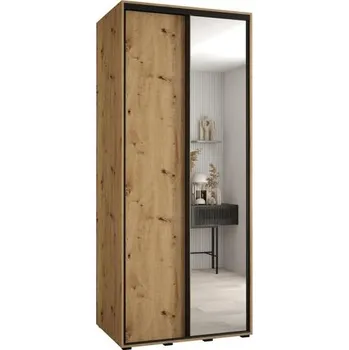 Šatní skříň Šatní skříň s posuvnými dveřmi a zrcadlem DAVOS 100cm | DUB Artisan / černé pojezdy