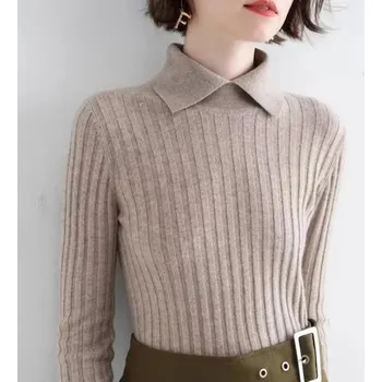 Dámský svetr Dámský pletený svetr s límečkem a dlouhým rukávem Barva: Khaki, Velikost: L