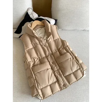 Dámská vesta Dámská bunda bez rukávů – péřová vesta, vysoký límec Barva: Khaki, Velikost: XL