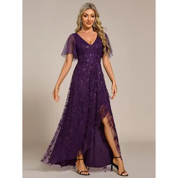 Dámské šaty Večerní midi šaty ze síťoviny s výstřihem do V Barva: Fialová, Velikost: 2XL