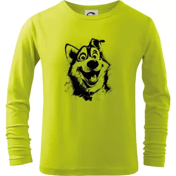 Chlapecké tričko Černobílá karikatura husky - Triko dětské Long Sleeve - 146 cm/10 let ( Limetková )