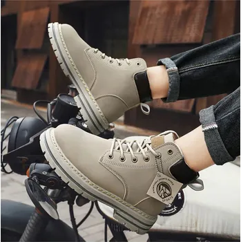 Pánská běžecká obuv Kožené kotníkové boty pro motorkáře, šněrovací Barva: Šedá, Velikost: 48