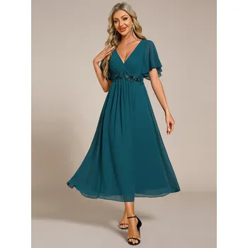 Dámské šaty Midi svatební šaty pro hosty s krátkými rukávy Barva: Tyrkysová, Velikost: 3XL