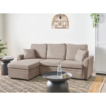 Pohovka Rohová pohovka světle hnědá látkové čalounění polyester umělý len 3místná s úložným prostorem pravostranná polštáře moderní design Beliani