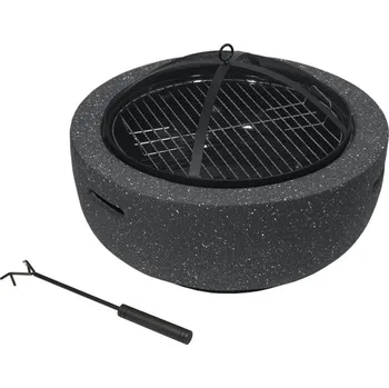Přenosné kulaté ohniště kamenné na terasu / zahradu, tmavě šedé, grilovací mřížka + kryt, průměr 60 cm