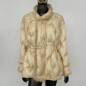 Dámská parka Krátká zimní bunda s kožešinou – prošívaná Barva: Aprikotová, Velikost: S