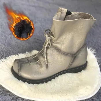 Dámské kozačky Dámské kotníkové boty z kůže na platformě Velikost: 35, Barva (Varianta): Gray Warm Boots