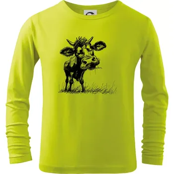 Dětská móda Černobílá karikatura kráva stojící - Triko dětské Long Sleeve - 104-110cm / 3-4 roky ( Limetková )