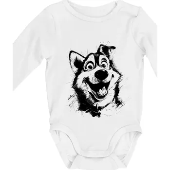 Kojenecký body Černobílá karikatura husky - Body kojenecké s dlouhým rukávem - Dlouhý r. do 3 měs ( Bílá )