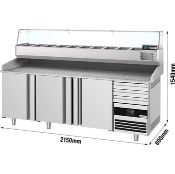 Lednice G.Gastro Chladicí stůl na pizzu PREMIUM - 2150x800mm - se 3 dveřmi & 3 zásuvkami - vč. chladicí vitríny - 10x GN 1/3