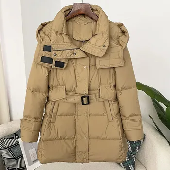 Dámská parka Dlouhá dámská péřová bunda s páskem – teplá parka s kapucí Velikost: M, Barva (Varianta): Camel short