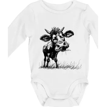 Černobílá karikatura kráva stojící - Body kojenecké s dlouhým rukávem - Dlouhý r. 3-6 měs ( Bílá )
