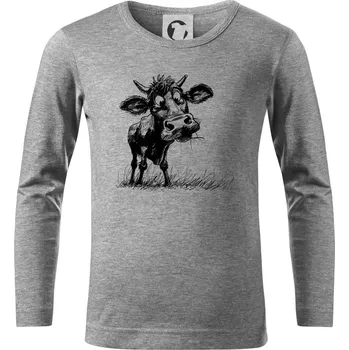 Chlapecké tričko Černobílá karikatura kráva stojící - Triko dětské Long Sleeve - 122 cm/6 let ( Tmavě šedý melír )