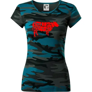 Grilování - Grill Chef - Kráva - Dámské maskáčové triko - S ( Petrolejová maskáč )