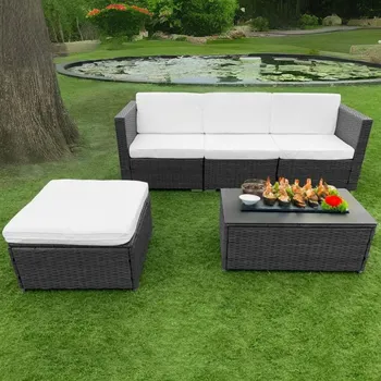 Zahradní rohová sada z technoratanu s měkkými polštáři a skleněným stolem