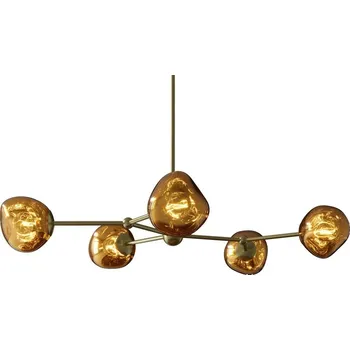 Glamour zlatý závěsný Kalan Liquido s pěti skleněnými stínítky ve tvaru kapek na kovové konstrukci 91 cm
