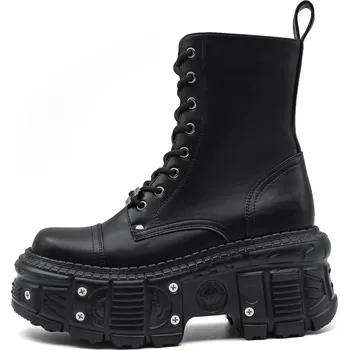 Dámské kozačky Dámské kotníkové boty s platformou – punkový styl se šněrováním Barva: Černá, Velikost: 40