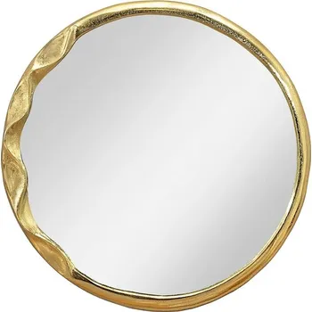 Zrcadlo Art deco zrcadlo Auri s plastickým asymetrickým zlatým rámem a kulatým tvarem s dýhovanou výztuží na zavěšení 52 cm