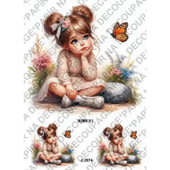 Umělecký papír Rýžový a soft papír na decoupage - Holčička s motýlem - KB03974 Materiál: Rýžový papír, Rozměr: A4