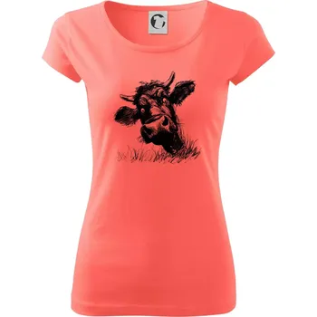 Dámské tričko Černobílá karikatura černá kráva hlava - Dámské triko Pure - XS ( Korálová )