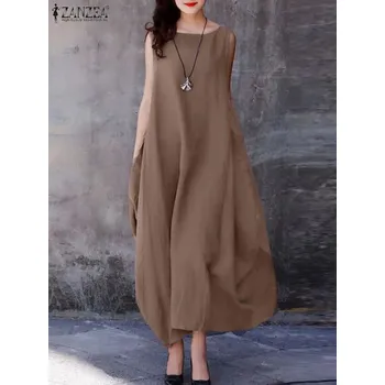 Dámské šaty Volné maxi šaty s kapsami – pohodlný letní model Barva: Kávová, Velikost: M
