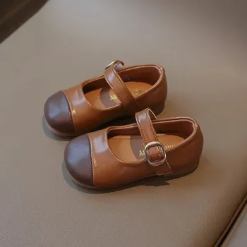 Dívčí baleríny Dětské kožené polobotky ve školním stylu Barva: Hnědá, Velikost: 28