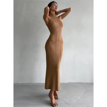 Dámské šaty Pletené maxi šaty s rolákem bez rukávů Barva: Khaki, Velikost: S