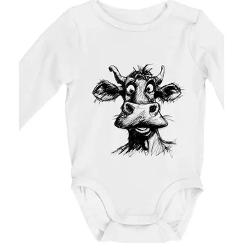 Černobílá karikatura světlá kráva hlava - Body kojenecké s dlouhým rukávem - Dlouhý r. do 3 měs ( Bílá )