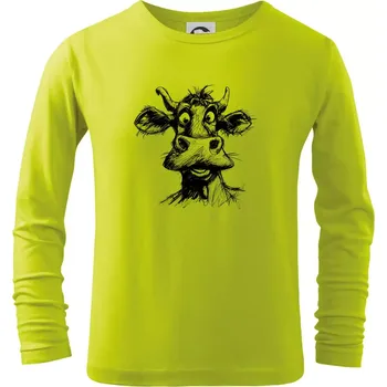 Chlapecké tričko Černobílá karikatura světlá kráva hlava - Triko dětské Long Sleeve - 122 cm/6 let ( Limetková )