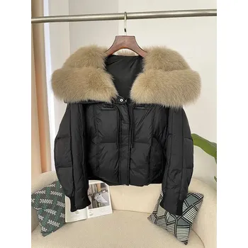 Dámská parka Péřová bunda s kožešinovým límcem – krátká, streetwear styl Velikost: L, Barva (Varianta): Black beige