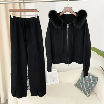 Dámský pletený komplet se svetrem a kalhotami Barva: Černá, Velikost: ONE SIZE