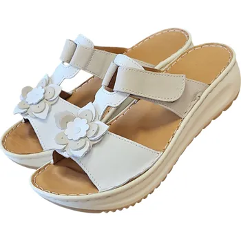 Dámské pantofle 19107 - 10/01 Dámské kožené nazouváky s podporami kleneb – bílokrémové s květinovou ozdobou 40