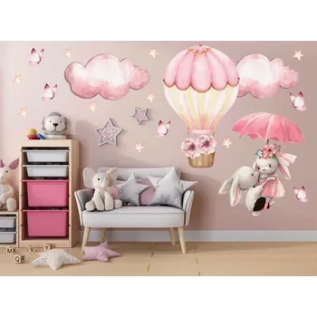 Samolepící dekorace Dětské samolepky na zeď - pasteloví králíci, balónky a motýli Šířka: 60 cm | Délka: 120 cm