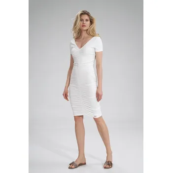 Dámské šaty Vypasované midi šaty s krátkým rukávem a výstřihem M786 Barva: Bílá, Velikost: S