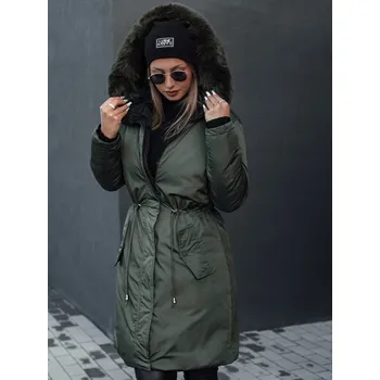 Dámská parka dlouhá prošívaná dámská zimní bunda s kožíškem TRENDNEL TY4587 Barva: Zelená, Velikost: L