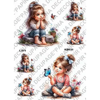 Umělecký papír Rýžový a soft papír na decoupage - Holčička s motýlem - KB03979 Materiál: Soft, Rozměr: A4