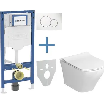 WC sada Geberit + Ravak Set předstěnové instalace Duofix + RimOff klozet a sedátko se SoftClose Slim Ravak Classic + tlačítko Sigma01, alpská bílá