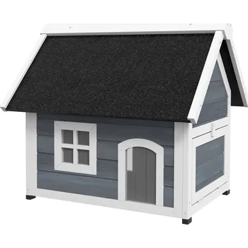 Pelíšek pro kočku PawHut Domeček chaloupka pro kočky venkovní dřevěný 77 x 58 x 68 cm šedý