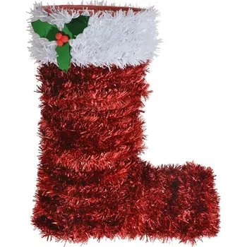 Vánoční dekorace červená bota ze střapatého řetězu s cesmínou – 22 cm